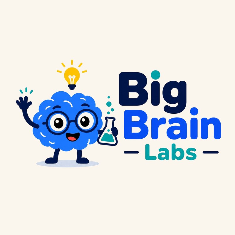 Big Brain Labs mascot — a smiling brain wearing glasses, holding a beaker, with a lightbulb above its head